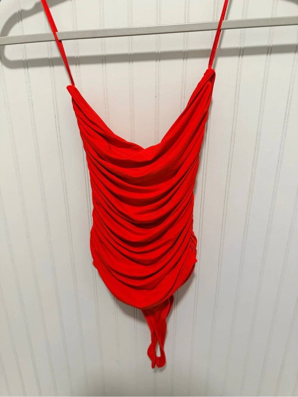 Zara Red Ruched Strapless Thong Bodysuit